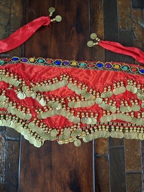 Red Coin Fringe Belly Dance Hip Scarf with Gold Coins